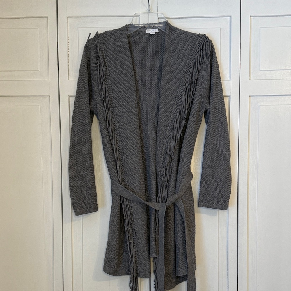 J Jill Gray Fringe Open Front Cardigan Sweater - Picture 4 of 9